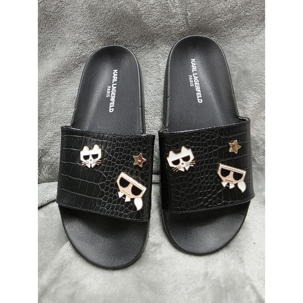 Karl Lagerfeld Zolita Sandals Womens Size 6 M Black Cat Slide Comfort Logo